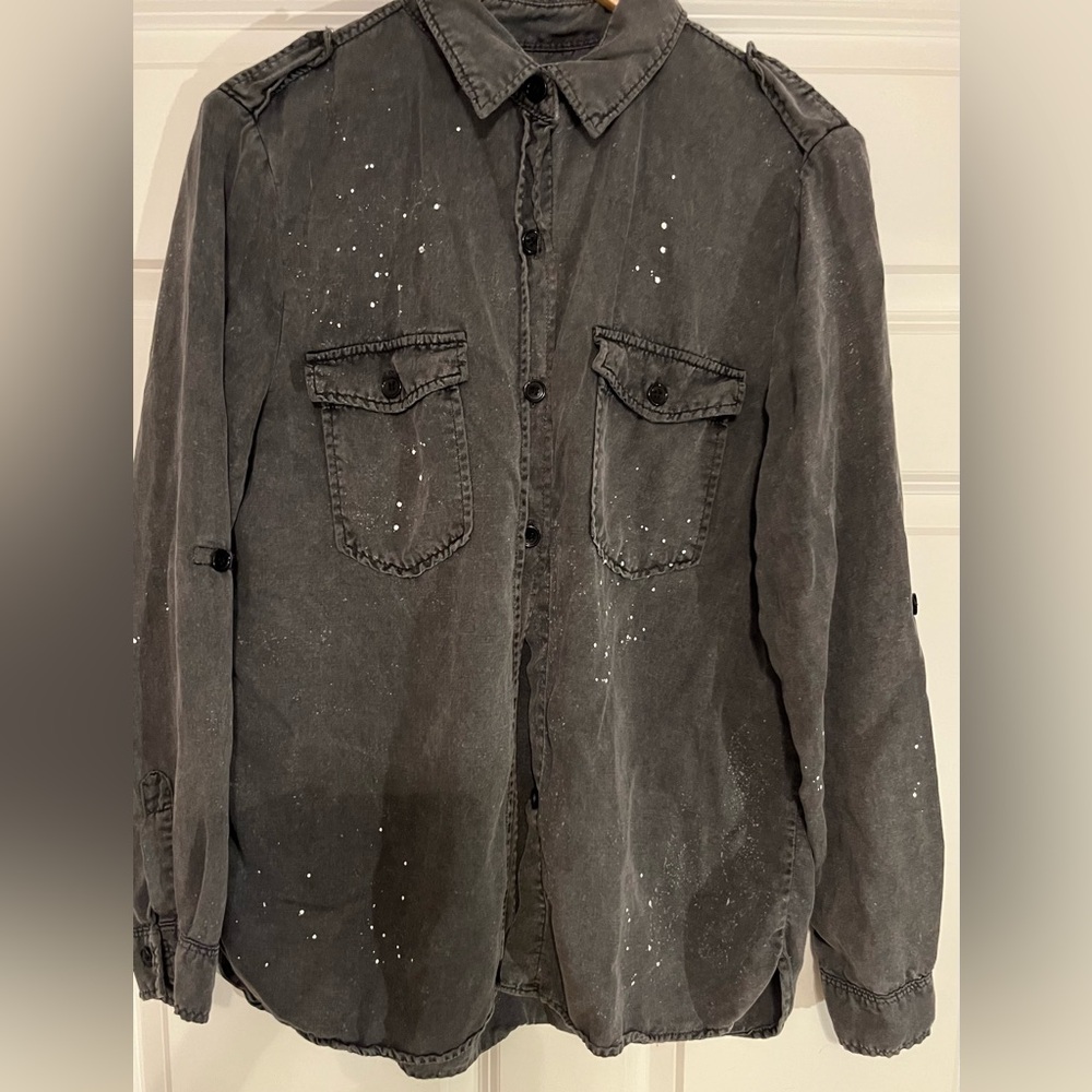 Zara Woman Premium Denim Collection Spattered Button Down Top. Size XL. EUC!